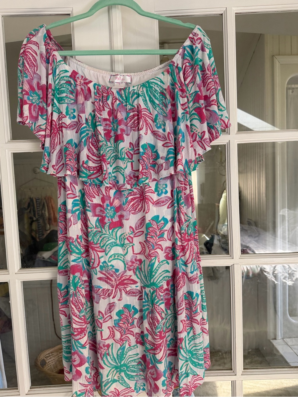 Off-Shoulder Floral Casual Dress in Pink & Teal